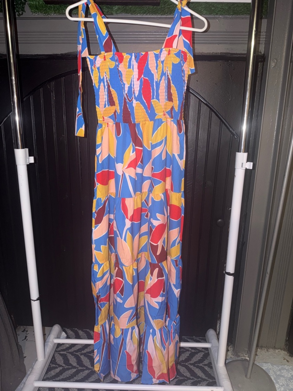Colorful Leaf-Print Smocked Maxi Dress - Blue, Yellow & Red